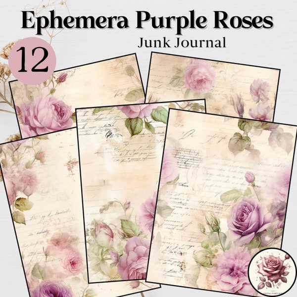 Ephemera Purple Roses Junk Journal, Vintage Half Papers, Faded Writing Background, Delicate Purple Flowers