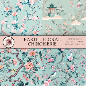 Pastel Floral Chinoiserie Digital Paper, Asian Inspired Art, Toile De ...