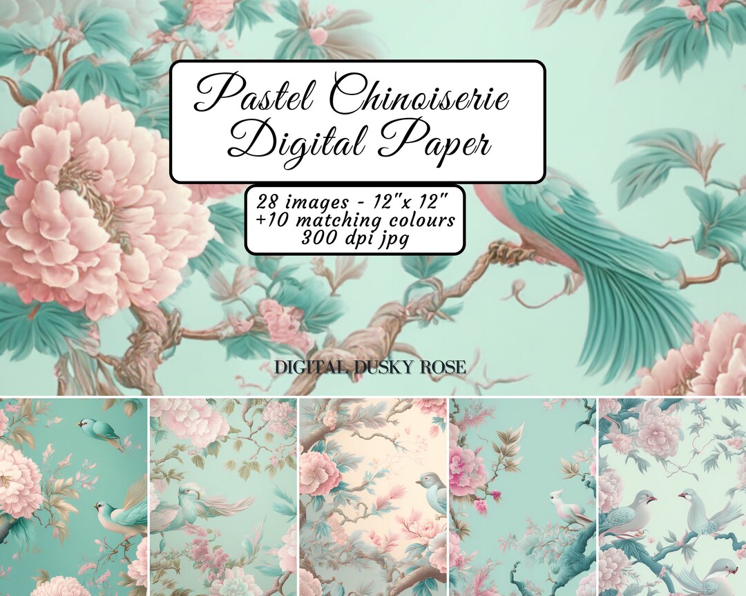 Pastel Floral Chinoiserie Digital Paper, Asian Digital Paper, Bundle ...