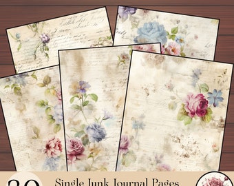 Washed Blue & Burgundy Flowers Junk Journal Set: 30 Pages of Vintage Elegance with Faded Writing