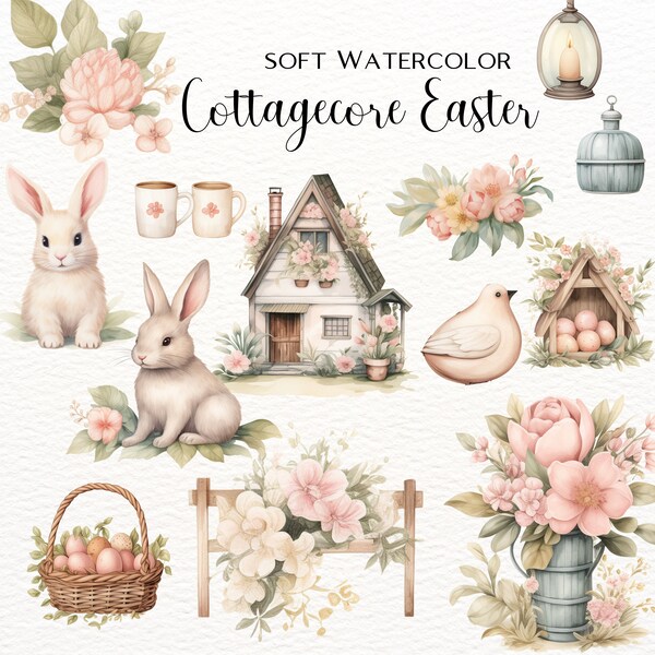 Easter Cottagecore Clipart Collection - 100 Soft Pastel Watercolor Elements,  Cottages, Bunnies, Flowers, Wicker Baskets, Colored Eggs