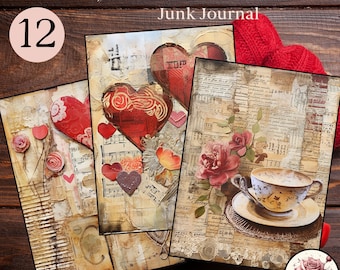 Love & Chocolate Junk Journal Pages - Set of 12 Valentine Scrapbook Layout, Coffee Stained Papers, Red Heart, Faded Writing, A4 JPG