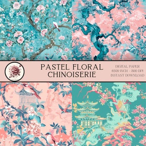 Pastel Floral Chinoiserie Digital Paper, Asian Inspired Art, Toile De ...