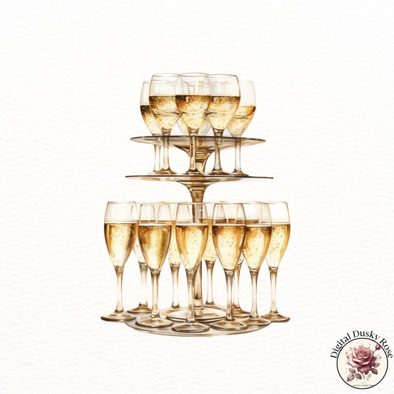 Watercolor Champagne Clipart Bottle and Glasses With Blush Bubbles and