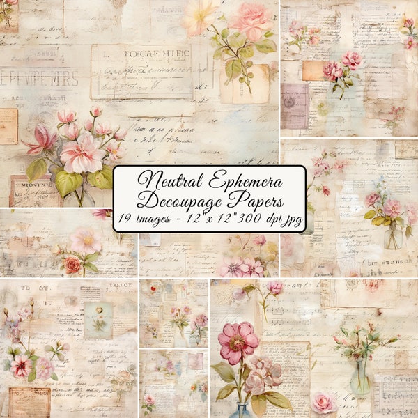 Decoupage Neutral Ephemera, Digital Papers, Faded writing, Delicate Flowers, Junk Journal Kit, Printable Scrapbook, Tags, Labels, Envelope