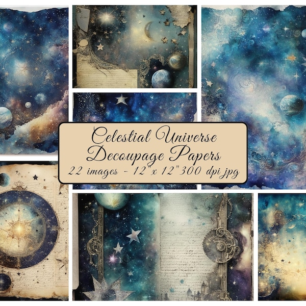 Celestial Universe Decoupage Pages Digital Download Collage Junk Journal Kit Bullet Journal Tags Stars Planets