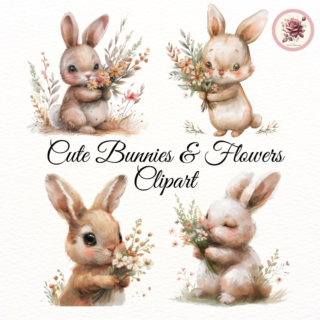 Cute Neutral Rabbit Easter Neutral Rabbit With Flowers - Adorable Watercolor Bunny Clipart ...