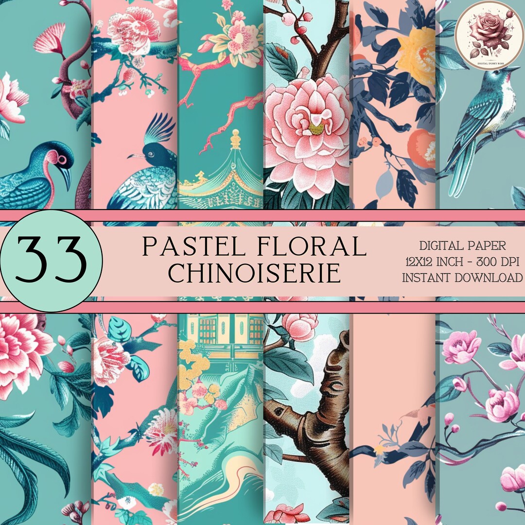 Pastel Floral Chinoiserie Digital Paper, Asian Inspired Art, Toile De ...