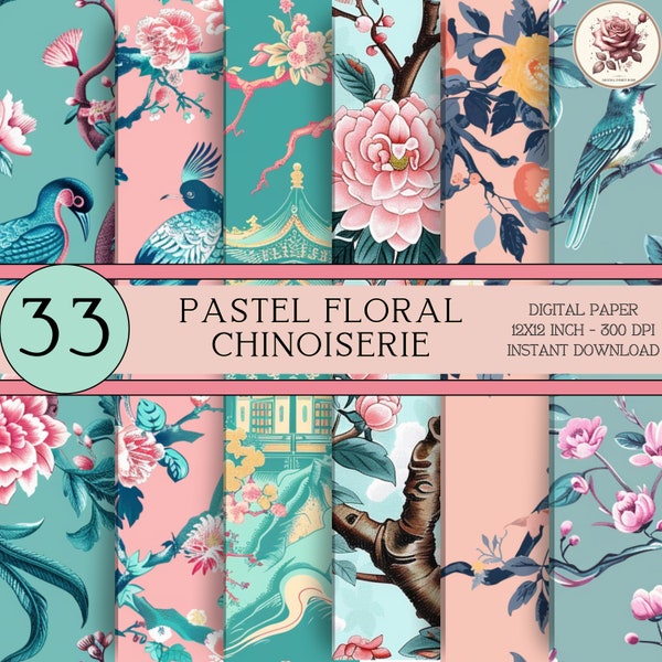 Pastel Floral Chinoiserie Digital Paper, Asian Inspired Art, Toile de Joye, Chinese Pattern, Oriental Print