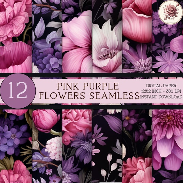 Pink Purple Flowers Digital Papers - Lavender Floral Background, Lilac Blooms, Violet Seamless Pattern