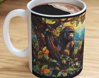 Taza de cerámica de 325 ml con la armoniosa familia de gorilas. Regalo único para amantes de los animales y los gorilas (sin BPA ni plomo).