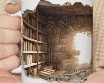 Taza de biblioteca - Taza con ilusión 3D / Taza de café de cerámica única (sin plomo ni BPA)