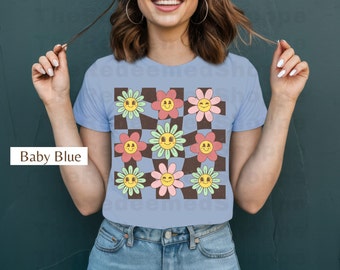Checkered Flower Shirt, Retro Flowers Tshirt, Summer Shirt, Boho Flower Shirt, Boho Hippie, Trendy Summer Graphic Tee, Vintage Shirt