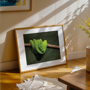 May include: A framed print featuring a vibrant green snake coiled around a brown branch against a dark green background. The artwork is displayed on a wooden floor, leaning against a light-colored wall. A small plant in a beige pot is visible.