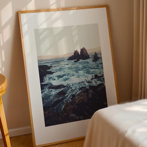 Waves Crashing on Rocky Shoreline Art Print, Ocean Seascape Poster, Nautical Wall Decor, Mossy Rocky Coastline at Sunset, Vintage Wall Print