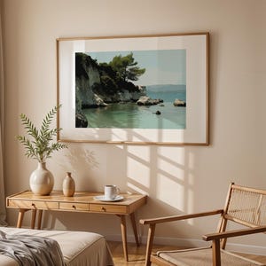 Rocky Coastline in Greece Art Print, Seascape Artwork, Mediterranean Coast Poster, Serene Aquamarine Water Printable, Coastal Wall Decor