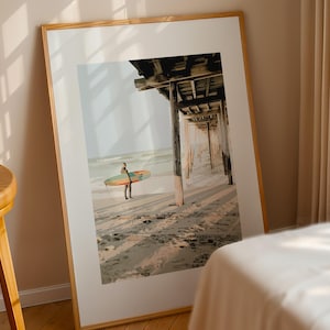 Vintage Surfer Under the Pier Art Print, Retro Colored Surfboard Print, Coastal Wall Decor Poster, California Beach Artwork, Ocean Waves Art