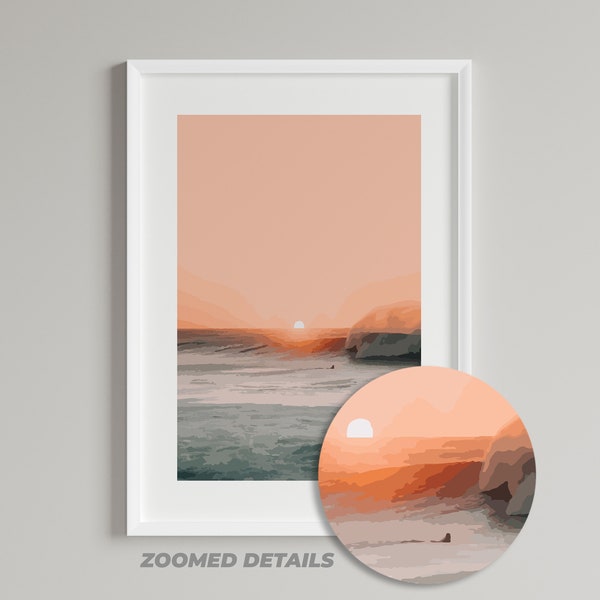 Pastel Sunset Surfers Art Print, Bronte Beach Art Poster, Modern Wall Art, Coastal Artsy Decor, Digital Download Art, Cotton Candy Sky Art