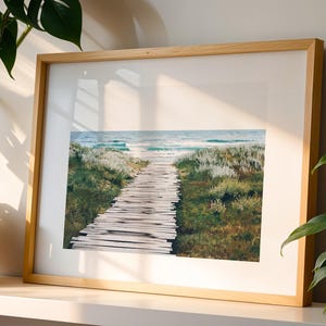Grassy Beach Boardwalk Art Print, Modern Wall Art, Coastal Seascape Poster, Path to the Beach, Grassy Dunes Artwork, Mild Pastel Beachscape