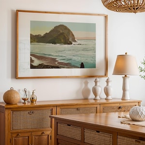 Vintage strandkunstdruk Nieuw-Zeeland, Ocean Bay in Nieuw-Zeeland kunstwerk, vintage strandposter, tropisch eiland print, digitale download kunst
