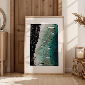 Aerial Tropical Beach with Boats Art Print, Aquamarine Ocean Water Art Poster, Palawan El Nido Philippines Coastline Artwork, Catamaran Art