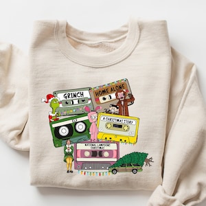 Christmas Movies Sweatshirt, Christmas Sweater, Xmas Cassette Tapes Shirt, Retro Christmas Tee, Cute Holiday Shirts, Grinh