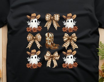 Halloween Coquette Bow Cowboy Ghost Tee, Western Halloween Sweat, Girly Coquette Bow Sweatshirt, Halloween Hoodie, Spooky Season Crewneck