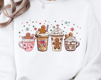 Sudadera navideña con café y pan de jengibre, camiseta navideña con galletas, sudadera navideña con café, camiseta navideña para mujer, regalo para amantes del café