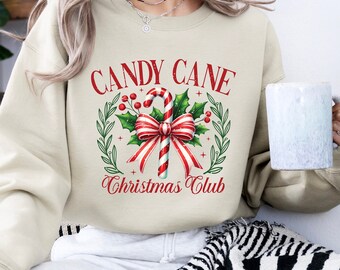 Maglietta con bastoncino di zucchero natalizio, felpa natalizia retrò, regalo per Natale, maglietta natalizia Coquette, maglietta natalizia con caramelle, Natale da donna