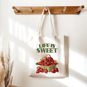 Strawberry Tote Bag, Farmers Market Bag, Summer Bag, Shoulder Tote Bag, Life İs Sweet, Spring Tote Shopper Bag, Strawberry Lover Gift