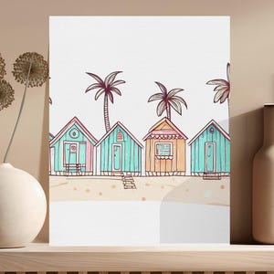 Colorful Beach Huts Digital Download, Tropical Beach Houses Wall Art, Coastal Decor Printable, Instant Download Beach Scene