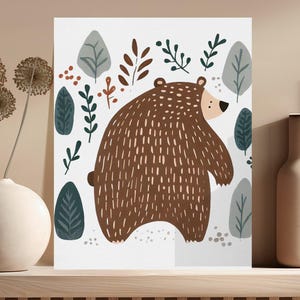 Cute Bear Art Printable, Woodland Animal Print, Nursery Wall Art, Kids Room Decor, Instant Download, Forest Theme Digital Art