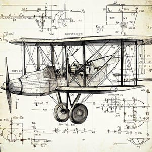 Vintage Airplane Blueprint Art Printable, Antique Aircraft Illustration Wall Decor, Aviation Engineer Gift, Pilot Home Office Decor