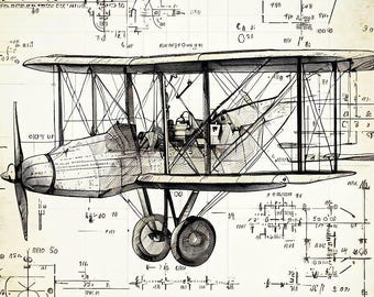 Vintage Airplane Blueprint Art Printable, Antique Aircraft Illustration Wall Decor, Aviation Engineer Gift, Pilot Home Office Decor