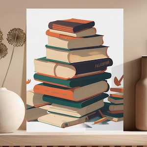 Vintage Book Stack Wall Art Print, Literary Decor for Book Lovers, Home Library Aesthetic, Digital Download Poster, Bibliophile Gift