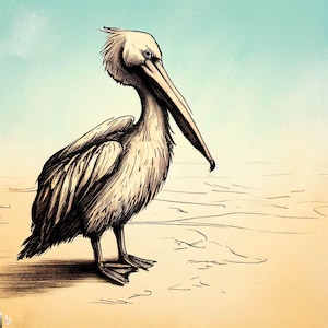 Hand drawn pelican art print digital download, Coastal bird wall decor printable, Beach themed illustration for home decor