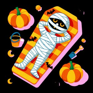 May include: A cartoon illustration of a mummy relaxing on a coffin-shaped beach towel. The mummy is wrapped in white bandages and has yellow eyes. Pumpkins, bats, and a small bucket are scattered around the mummy, all set against a black background.