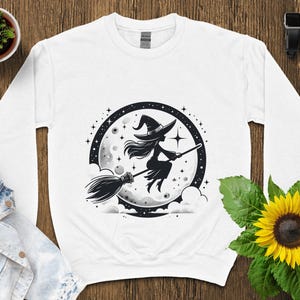 Witch on a Broomstick Silhouette, Halloween Witch Digital Art, Moon and Stars Illustration, Spooky Halloween Decor, Printable Wall Art