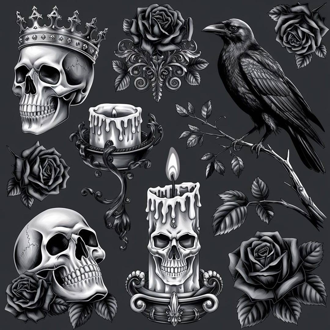 Gothic Skull and Raven Digital Art, Black and White Tattoo Designs