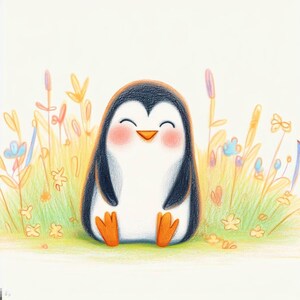 Cute Cartoon Penguin Art, Digital Download, Whimsical Animal Illustration, Nursery Wall Decor, Kids Room Print, Spring Flowers
