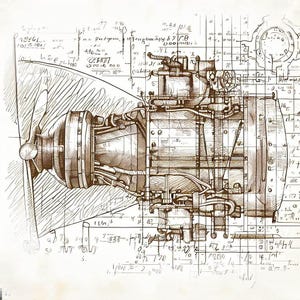 Vintage Airplane Engine Blueprint Art Print, Aviation Mechanics Drawing, Engineer Gift, Digital Download Wall Art, Pilot Decor