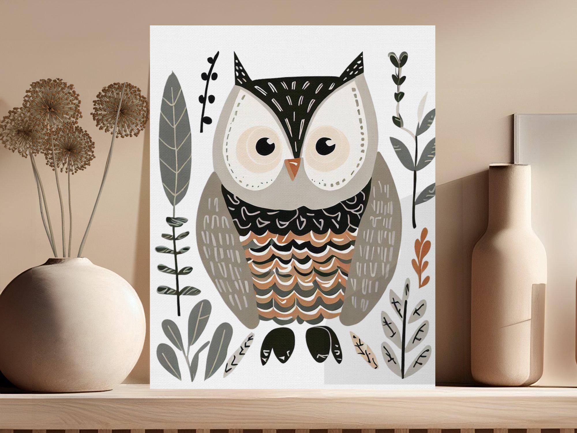 Cute Owl Digital Art Print, Whimsical Woodland Animal Illustration, Nursery Decor Wall Art, Kids Roo