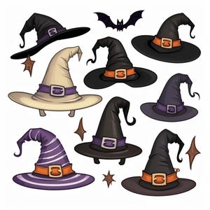 Witch Hat Clipart, Halloween Digital, Witch Hat Vector, Spooky Hat, Witch Hat Graphics, Bat, Halloween Decor, Scrapbooking, Cricut