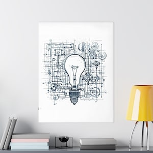 May include: A white canvas print featuring a detailed blueprint-style illustration of a lightbulb at the center, surrounded by gears and circuit-like lines. The artwork is rendered in shades of blue and white, creating a technical and artistic aesthetic.