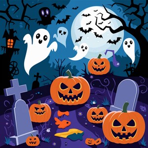 Può includere: Illustrazione digitale di una scena di Halloween con zucche intagliate, fantasmi, pipistrelli e una luna piena. Lo sfondo include un cimitero e una casa stregata. La tavolozza dei colori è blu scuro, arancione e bianco.