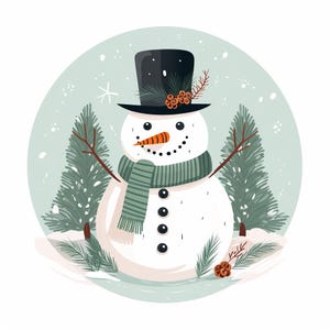 Winter Snowman Illustration Digital Download, Christmas Holiday Printable Wall Art, Festive Snowy Scene Art, Instant Download