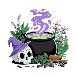 Puede incluir: Ilustración de un caldero de bruja con líquido verde y humo púrpura. Una calavera con un sombrero de bruja púrpura se sienta junto al caldero. La imagen está rodeada de hierbas y flores, con una cuchara de madera.
