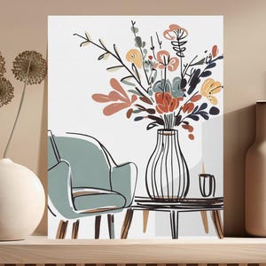 Modern Floral Art Print, Abstract Flower Vase Wall Art, Digital Download, Minimalist Home Decor, Botanical Illustration
