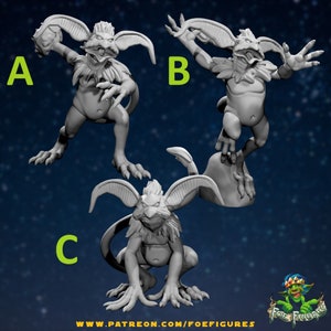 Puede incluir: Tres figuras grises de criaturas fantásticas en diferentes poses. Una sostiene una pelota, otra salta y la tercera está en cuclillas. Las criaturas tienen orejas grandes, cuellos emplumados y pies con garras. La imagen incluye el texto "WWW.PATREON.COM/FOEFIGURES".