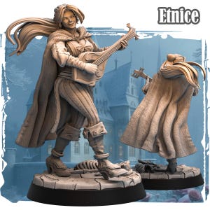 May include: A detailed figurine of a woman playing a lute, wearing a cape and period clothing. The figure is standing on a stone base. The word "Etnice" is in the upper right corner. The background is a blurred image of a castle.
